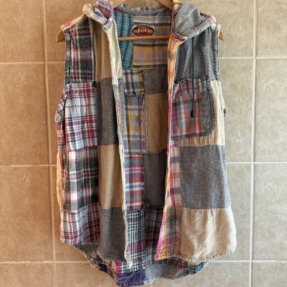 Vintage 90s Paragraff Vest Mens M Plaid Patchwork Flannel Hooded Button Grunge - Picture 3 of 10